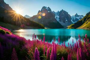 de Sol lyser över en sjö och lila blommor. ai-genererad foto