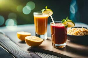 två glasögon av juice med citroner och en skål av couscous. ai-genererad foto