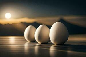 tre ägg är fodrad upp mot en berg. ai-genererad foto