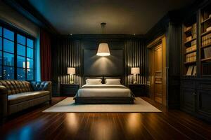 en sovrum med mörk trä golv och en säng. ai-genererad foto