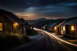 en lång exponering Foto av en väg på natt med hus och bergen i de bakgrund. ai-genererad