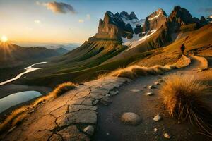 de Sol stiger över de bergen i patagonien. ai-genererad foto