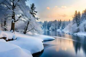vinter- landskap med snö täckt träd och flod. ai-genererad foto