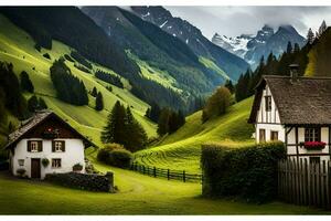 en hus i de bergen med grön gräs och träd. ai-genererad foto