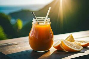 en glas av orange juice med en sugrör på en tabell. ai-genererad foto