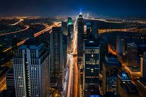 de stad horisont på natt med trafik lampor. ai-genererad foto