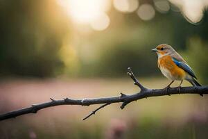 en små fågel sitter på en gren i de Sol. ai-genererad foto