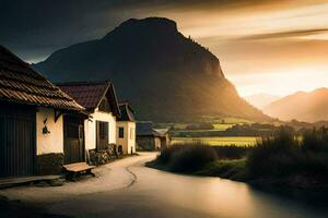 en små by i de bergen på solnedgång. ai-genererad foto