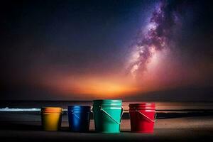 tre hinkar på de strand med en mjölkig himmel i de bakgrund. ai-genererad foto