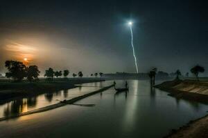 en blixt- bult ränder tvärs över de himmel över en flod. ai-genererad foto