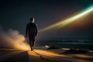 en man i en kostym promenader på de strand på natt. ai-genererad foto