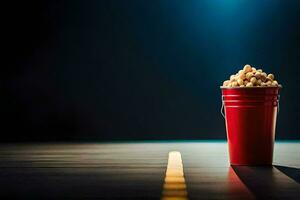 en hink av popcorn på en väg. ai-genererad foto