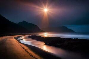 en lång exponering fotografera av de Sol lysande över en strand. ai-genererad foto