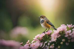 en fågel är uppflugen på topp av några rosa blommor. ai-genererad foto