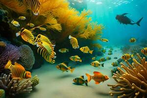 under vattnet scen med många fisk och korall. ai-genererad foto