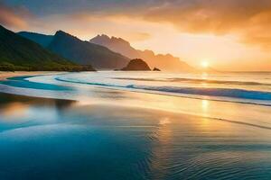 de Sol stiger över de hav och bergen i detta skön Foto. ai-genererad foto
