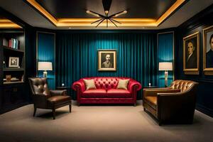 en rum med blå väggar och en röd läder soffa. ai-genererad foto