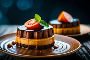 två desserter på en tallrik med en körsbär på topp. ai-genererad foto