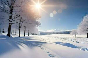 en snöig fält med träd och Sol. ai-genererad foto