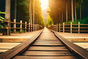 en trä- bro ledande till en skog. ai-genererad foto
