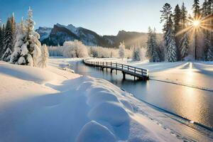 Foto tapet de himmel, snö, träd, bro, flod, Sol, vinter, berg,. ai-genererad