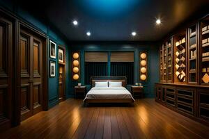 en sovrum med trä- golv och blå väggar. ai-genererad foto
