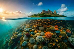 en korall rev och Sol stiga över en små ö. ai-genererad foto