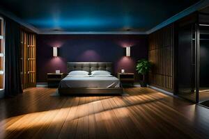 en sovrum med en trä- golv och lila väggar. ai-genererad foto