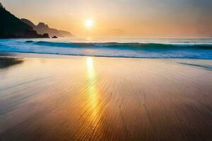 de Sol stiger över de hav och vågor på en strand. ai-genererad foto