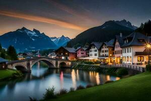 Foto tapet de himmel, berg, flod, bro, stad, alpin, schweiz,. ai-genererad