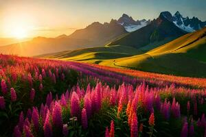 de Sol stiger över de bergen och de blommor blomma i de förgrund. ai-genererad foto