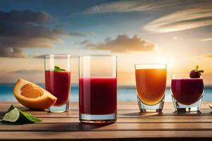en tabell med fyra glasögon av juice och frukt. ai-genererad foto