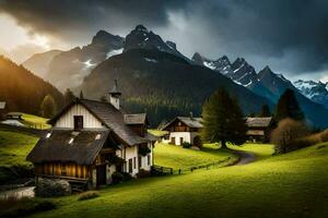 Foto tapet berg, de himmel, moln, de Sol, de berg, de hus, de. ai-genererad