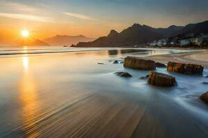 de Sol uppsättningar över de strand i rio de Janeiro, Brasilien. ai-genererad foto