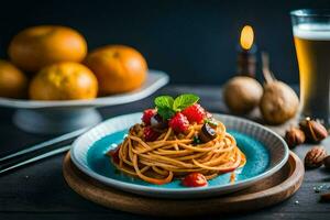 spaghetti med tomater, oliver och mynta på en tallrik. ai-genererad foto