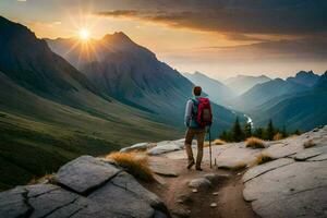 en man med ryggsäck och vandring poler stående på de kant av en berg på solnedgång. ai-genererad foto