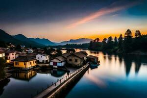 Foto tapet de himmel, vatten, berg, hus, sjö, solnedgång, de by, de. ai-genererad