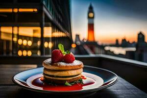 en stack av pannkakor med jordgubbar på topp av en tabell. ai-genererad foto