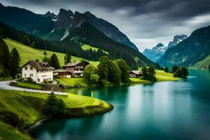 de hus på de sjö, schweiz. ai-genererad foto