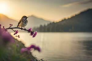 en fågel sitter på en gren nära en sjö på solnedgång. ai-genererad foto