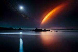 en ljus orange och röd komet är sett i de himmel. ai-genererad foto