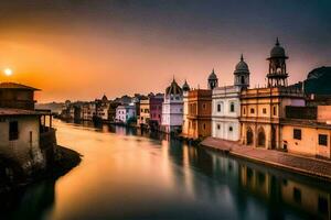 de Sol uppsättningar över de stad av udaipur, Indien. ai-genererad foto