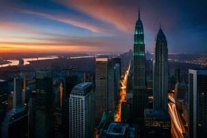 de stad horisont på solnedgång i ny york. ai-genererad foto