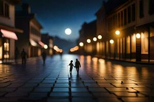 en par gående ner en gata på natt. ai-genererad foto