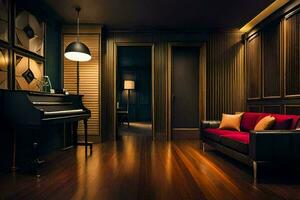 en levande rum med en piano och en soffa. ai-genererad foto