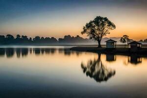 en träd är reflekterad i de vatten på soluppgång. ai-genererad foto