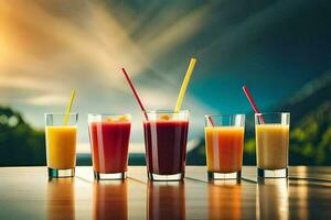 fem glasögon av juice på en tabell. ai-genererad foto
