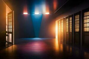 ett tömma hall med ljus kommande från de dörr. ai-genererad foto