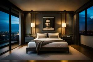 en sovrum med en stor säng och en målning på de vägg. ai-genererad foto