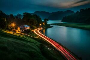 en lång exponering fotografera av en bil körning längs en väg i de kväll. ai-genererad foto